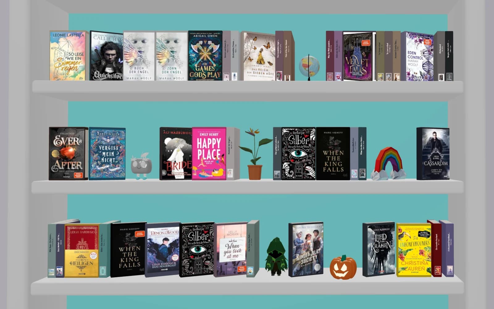 Eingeräumtes 3D-Bücherregal mit Coverfronten über mehrere Regalböden