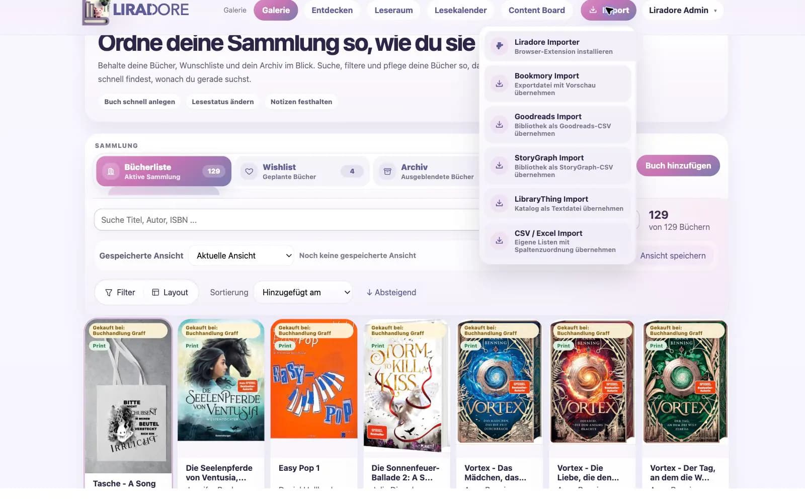 Importmöglichkeiten für bestehende Büchersammlungen in Liradore