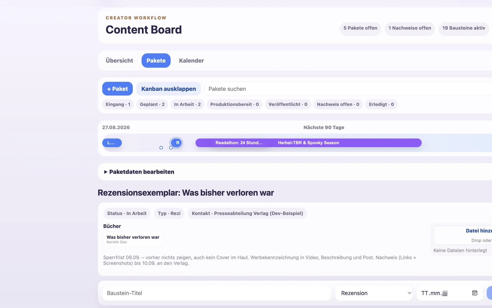 Paketansicht des Content Boards mit Bausteinen, Fristen und Rezensionsexemplar