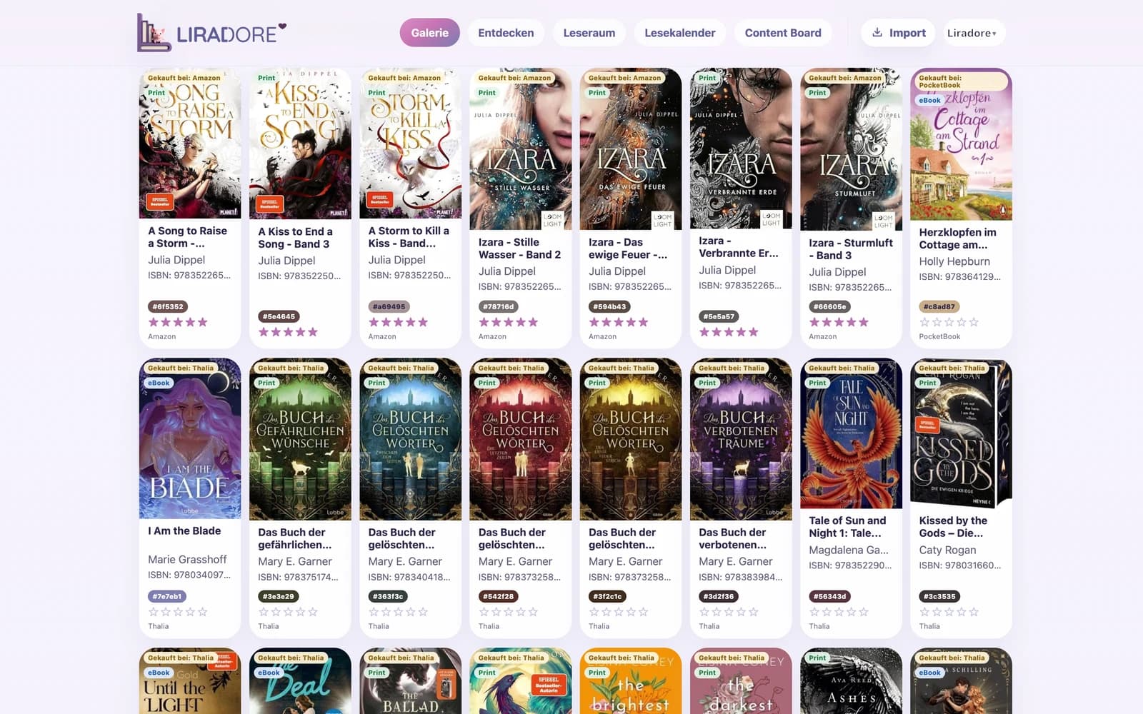 Liradore Buch-App mit Covergalerie und Sammlungsübersicht