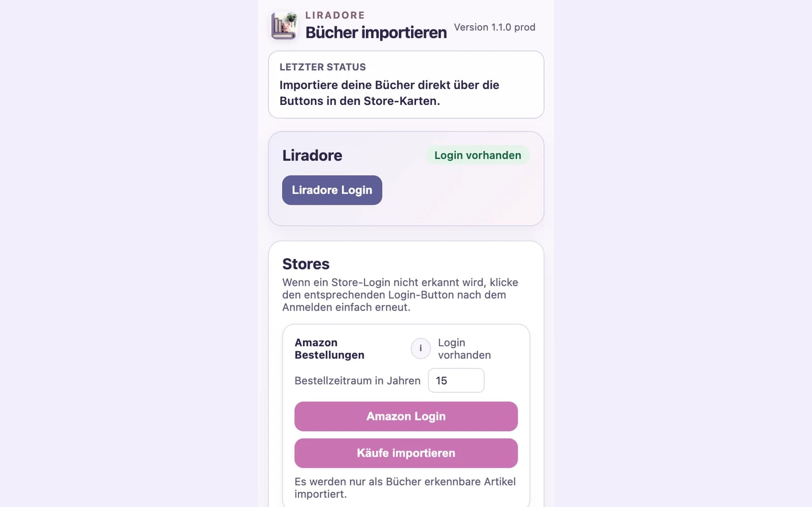 Der Liradore Importer im Browser, bei Liradore und bei Amazon angemeldet