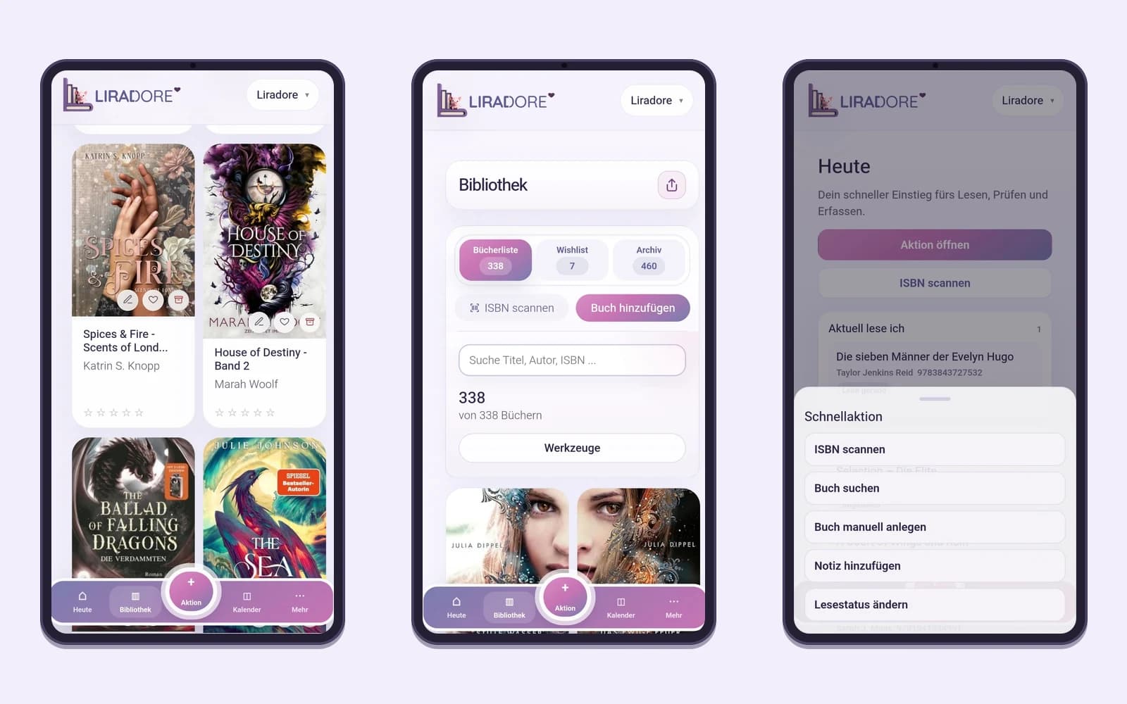 Liradore am Handy: Covergalerie, Bibliothek und die Schnellaktion zum Anlegen