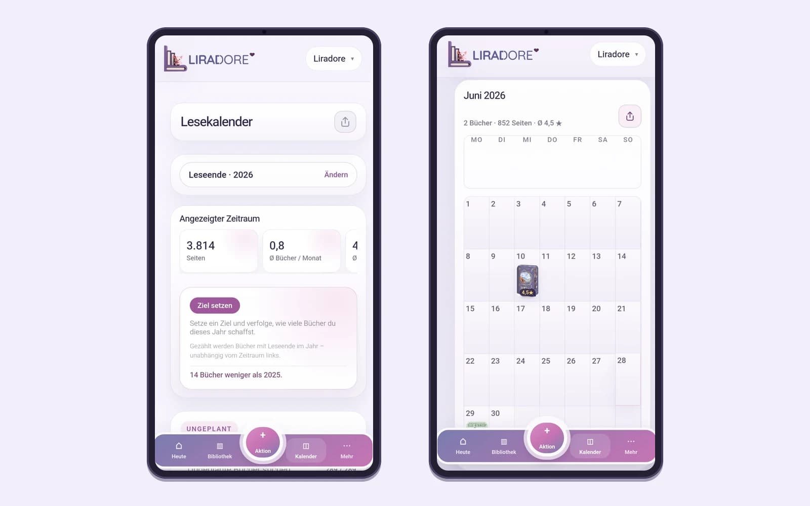 Lesekalender am Handy: Jahresziel mit Seitenzahl, daneben die Monatsansicht