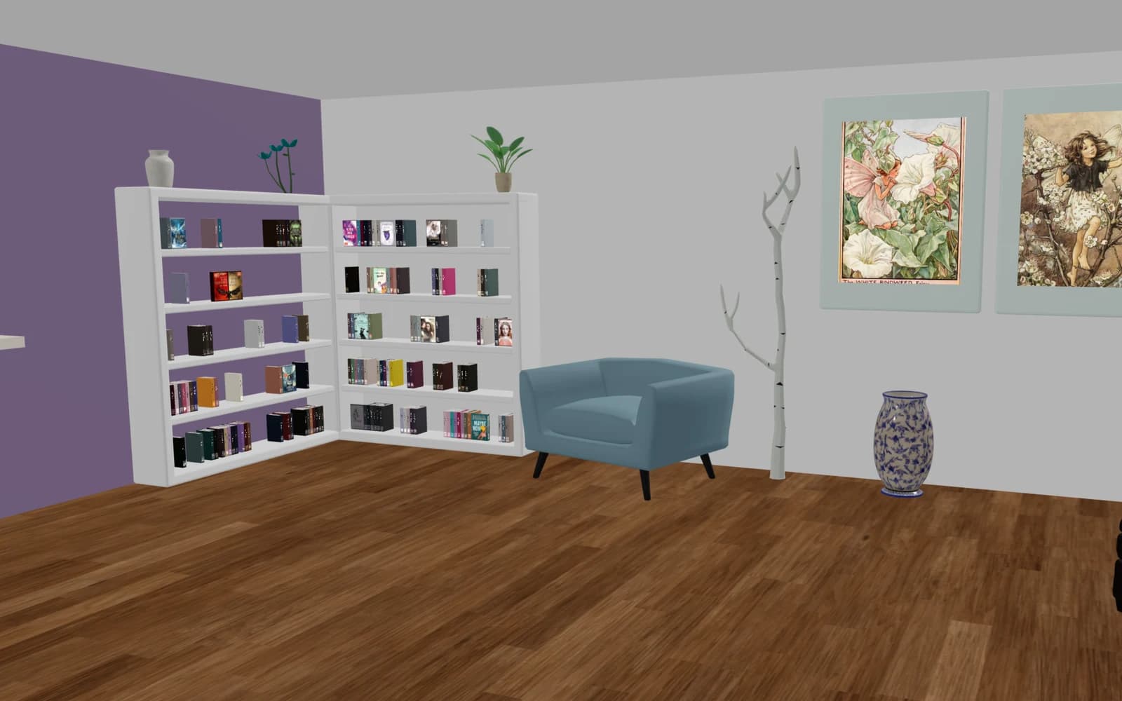 Persönlicher 3D-Leseraum mit Bücherregalen, Sessel, Bildern und Klavier